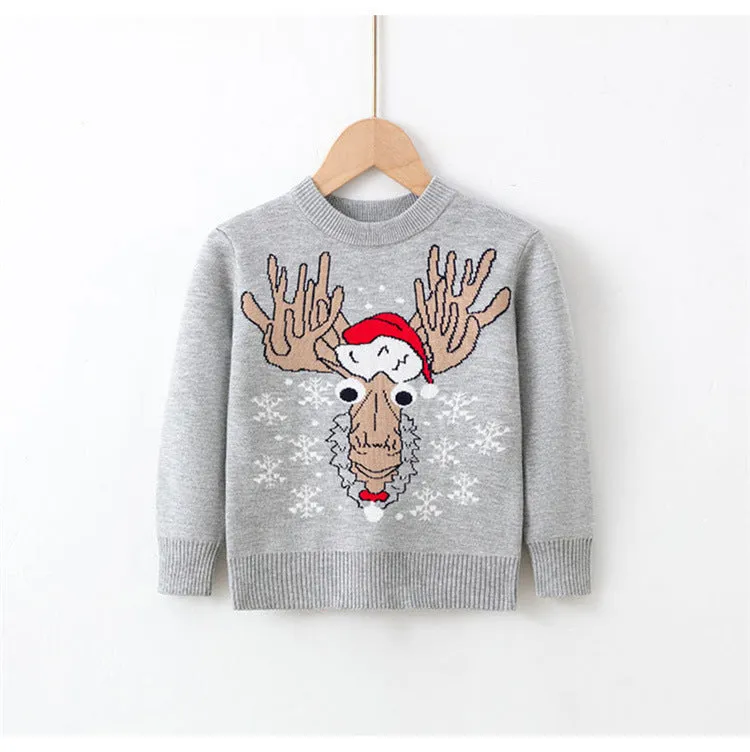 Viscose cotton knitted Christmas sweater for children, unisex, long sleeve round neck, available in red and navy blue