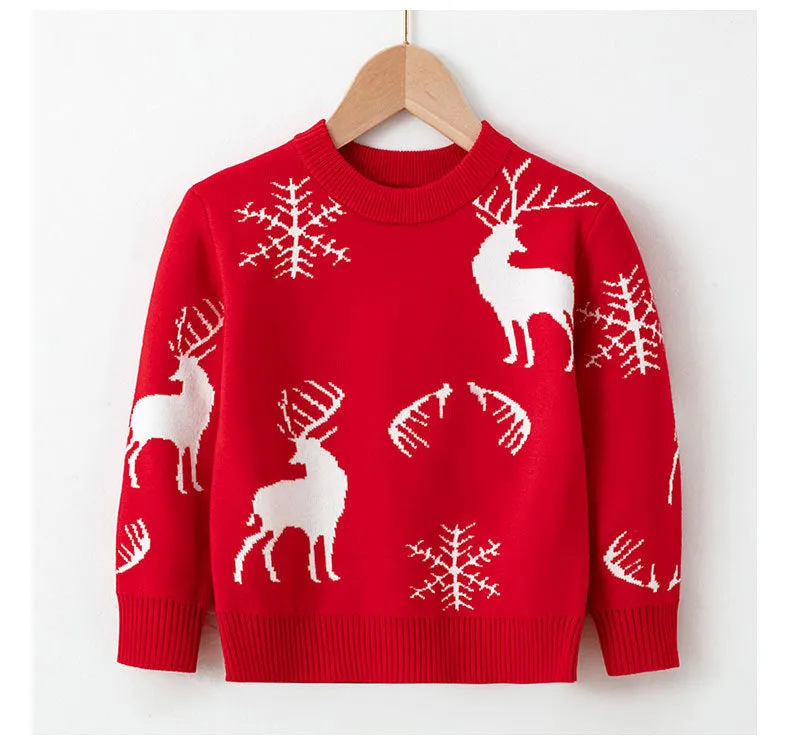Viscose cotton knitted Christmas sweater for children, unisex, long sleeve round neck, available in red and navy blue