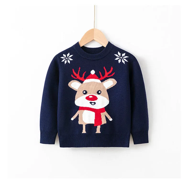 Viscose cotton knitted Christmas sweater for children, unisex, long sleeve round neck, available in red and navy blue