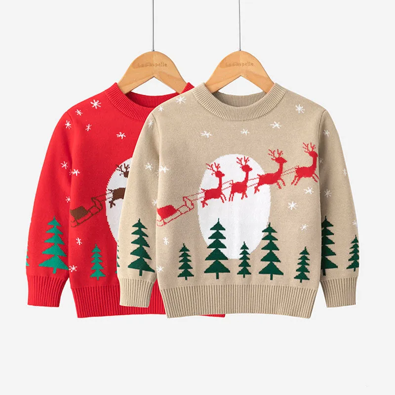 Viscose cotton knitted Christmas sweater for children, unisex, long sleeve round neck, available in red and navy blue