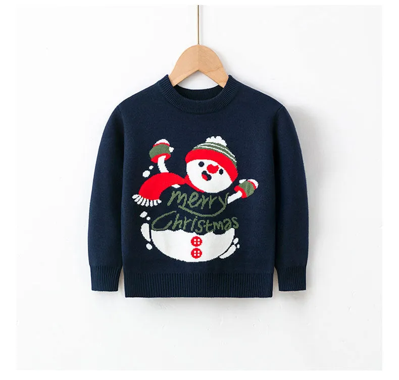 Viscose cotton knitted Christmas sweater for children, unisex, long sleeve round neck, available in red and navy blue