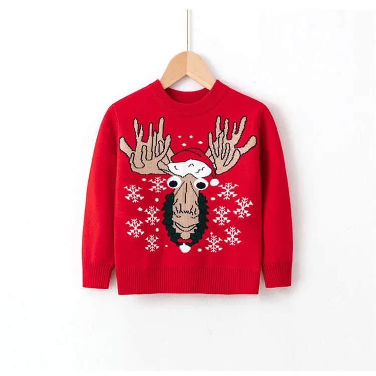 Viscose cotton knitted Christmas sweater for children, unisex, long sleeve round neck, available in red and navy blue