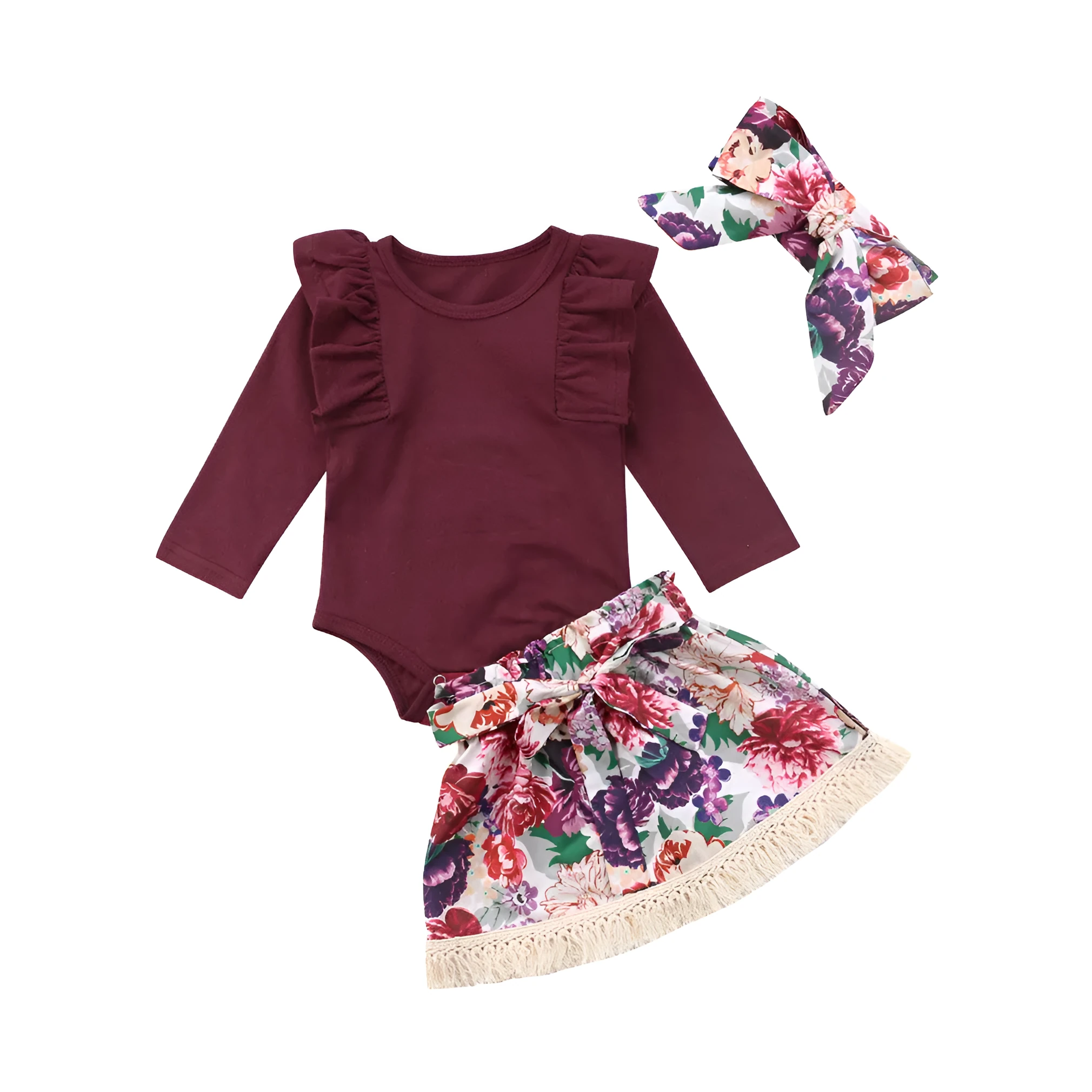Ramia Ruffle Set for baby girls: pink long sleeve ruffle top with floral skirt and headband