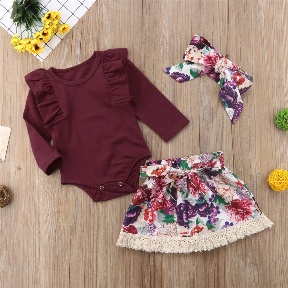 Ramia Ruffle Set for baby girls: pink long sleeve ruffle top with floral skirt and headband
