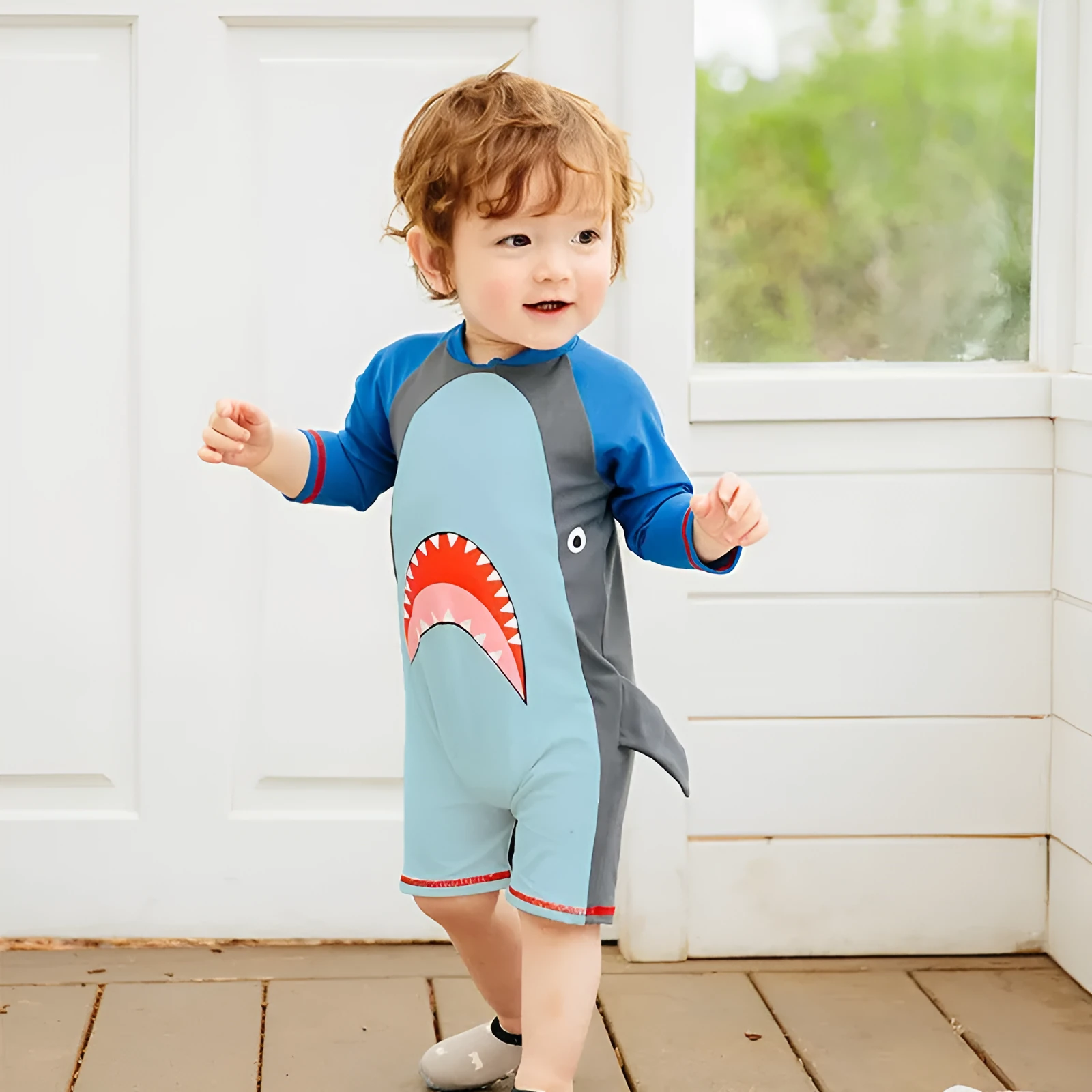 Blue boys one-piece swimsuit with cartoon pattern, polyester high elasticity fabric, Asian sizes S to XL