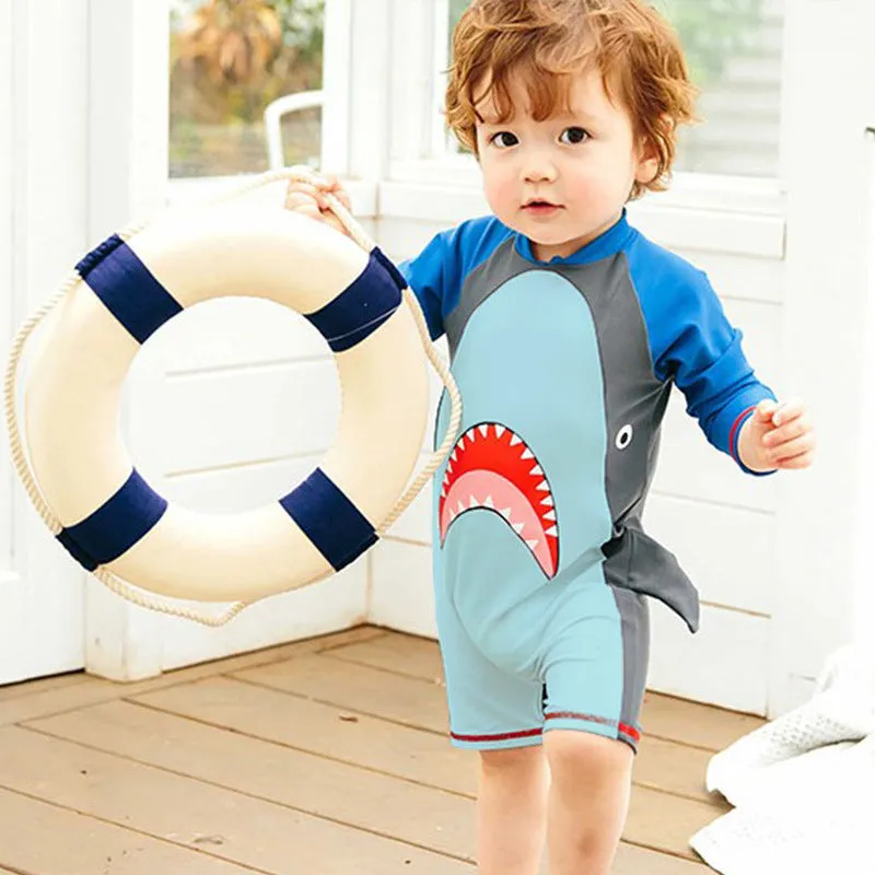 Blue boys one-piece swimsuit with cartoon pattern, polyester high elasticity fabric, Asian sizes S to XL