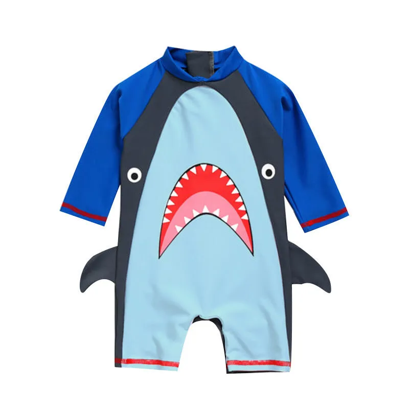 Blue boys one-piece swimsuit with cartoon pattern, polyester high elasticity fabric, Asian sizes S to XL