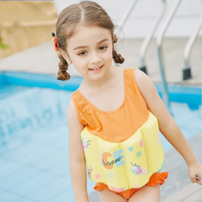 Yellow graffiti children's buoyancy one-piece swimsuit with built-in life jacket and anti-rollover design