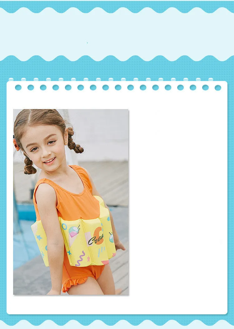 Yellow graffiti children's buoyancy one-piece swimsuit with built-in life jacket and anti-rollover design