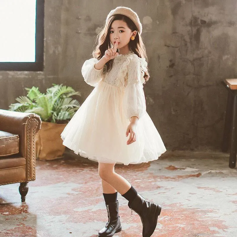 Children's long-sleeved princess dress in apricot with lace top and petticoat skirt