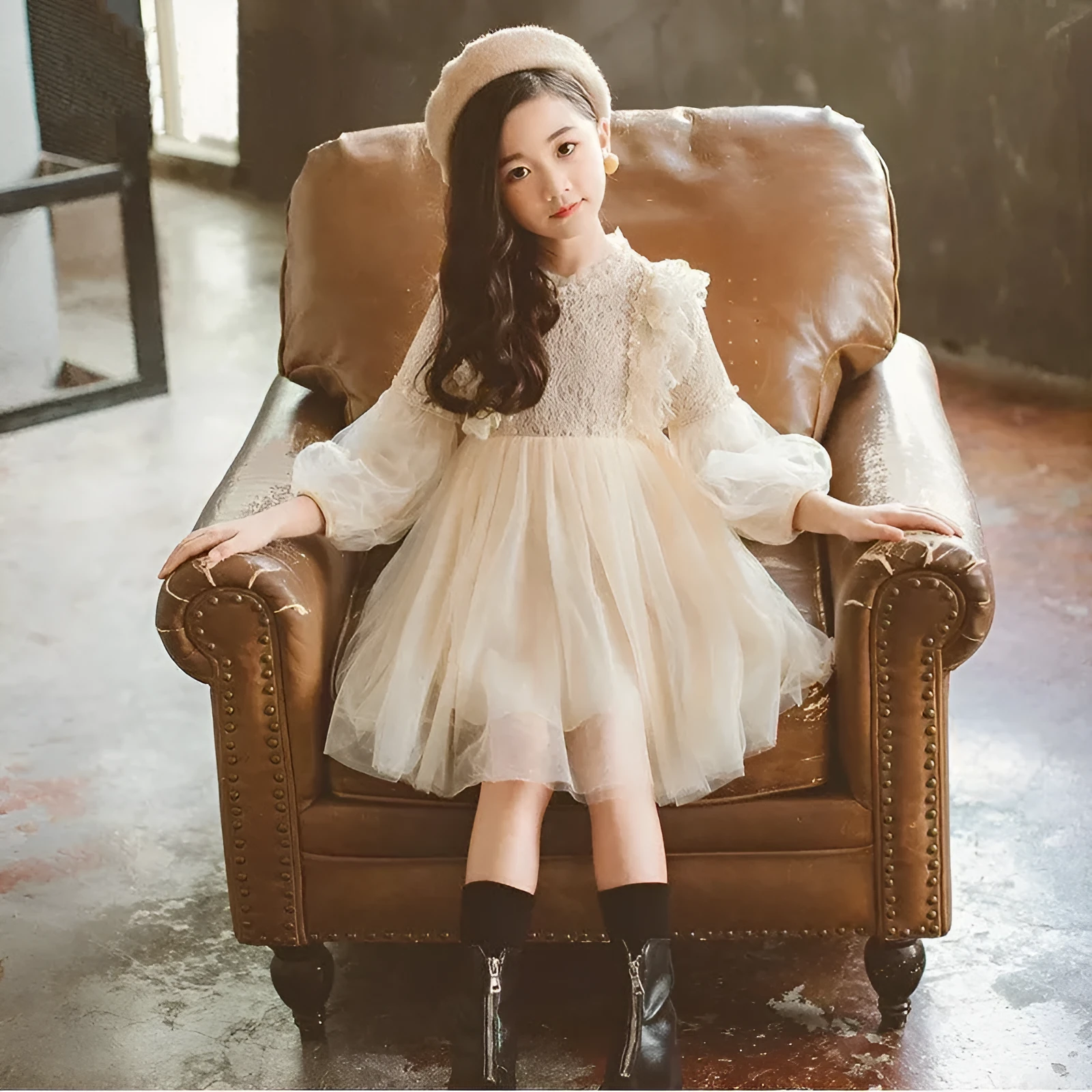Children's long-sleeved princess dress in apricot with lace top and petticoat skirt