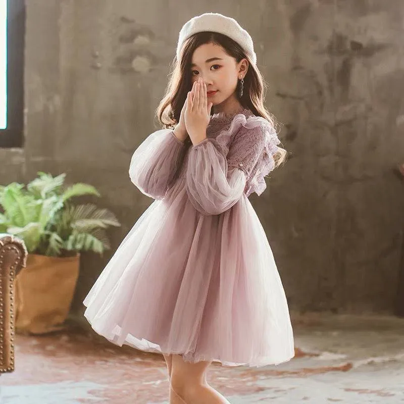 Children's long-sleeved princess dress in apricot with lace top and petticoat skirt