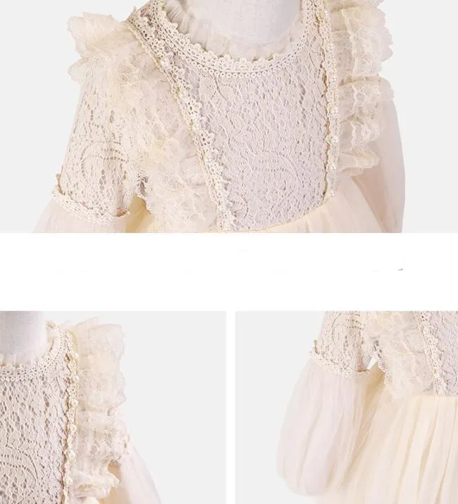 Children's long-sleeved princess dress in apricot with lace top and petticoat skirt