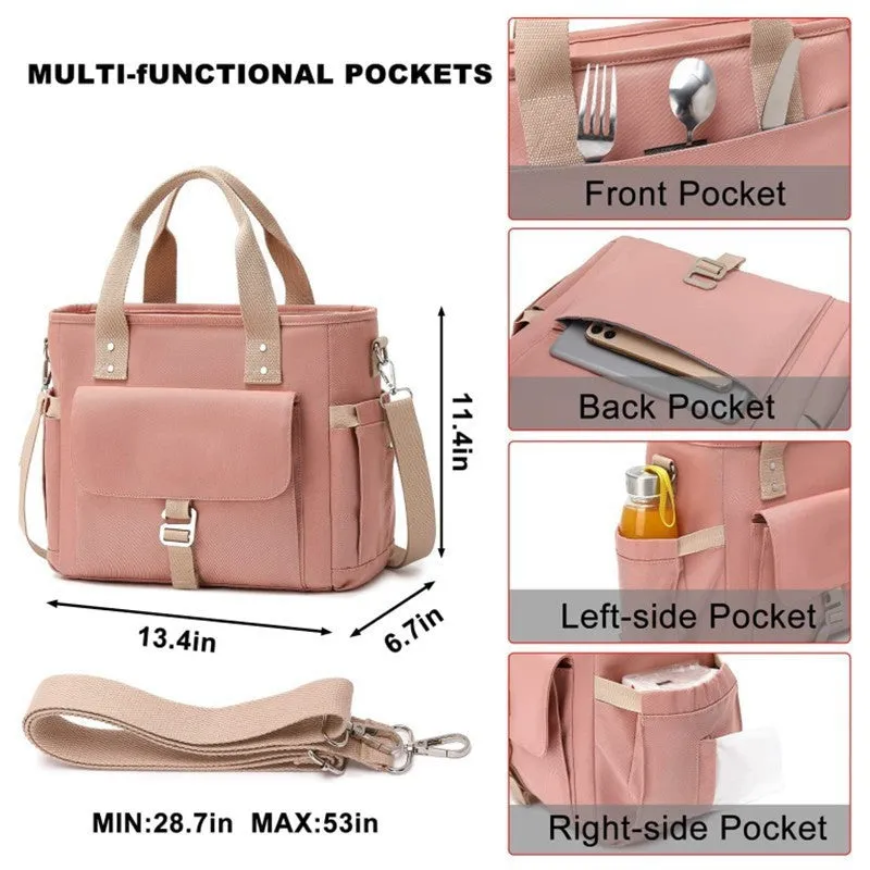 Portable cube style hiking picnic bag with removable shoulder strap and side pocket in Oxford cloth