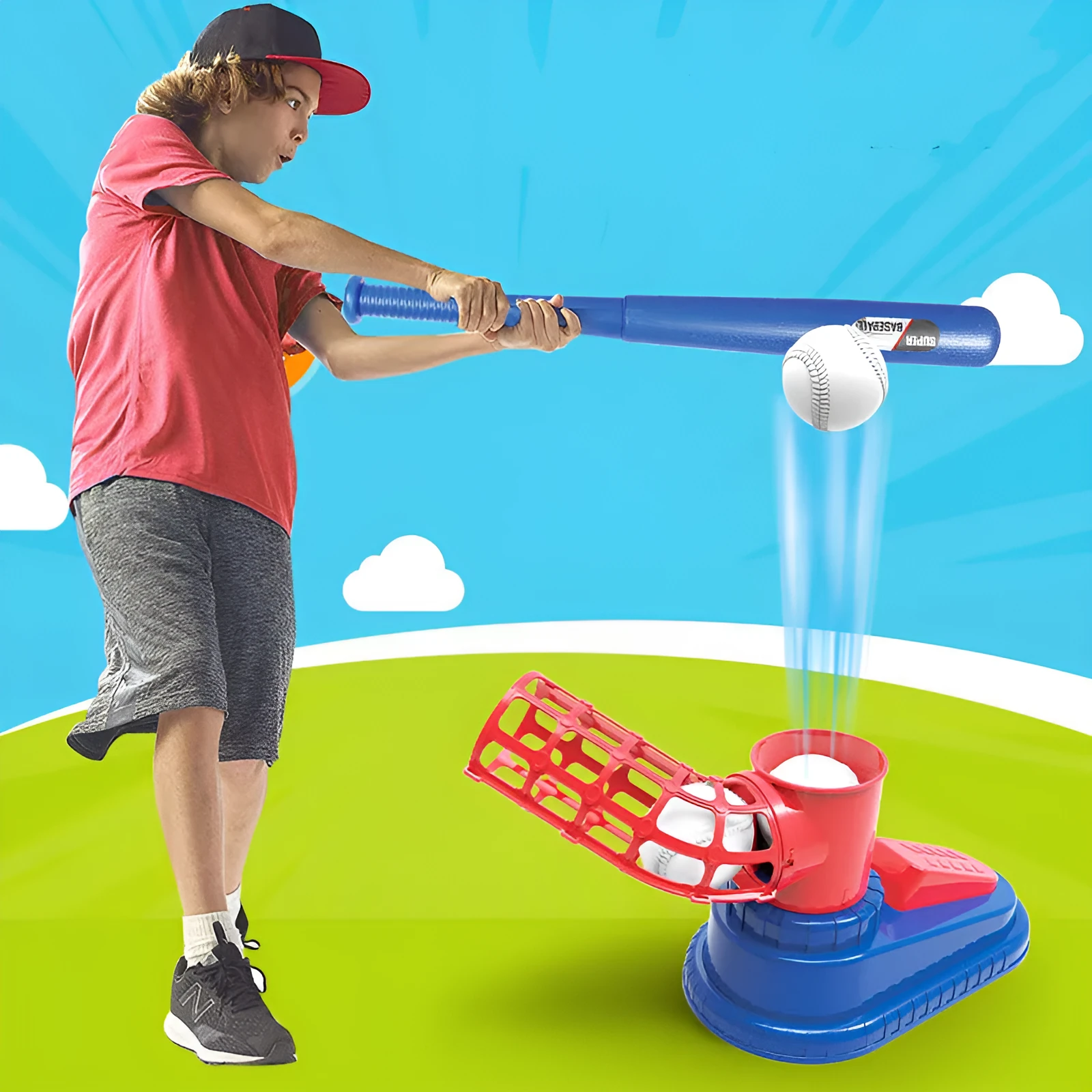 Children's baseball serving trainer with step pedal, three baseballs, and collapsible plastic bat on grass