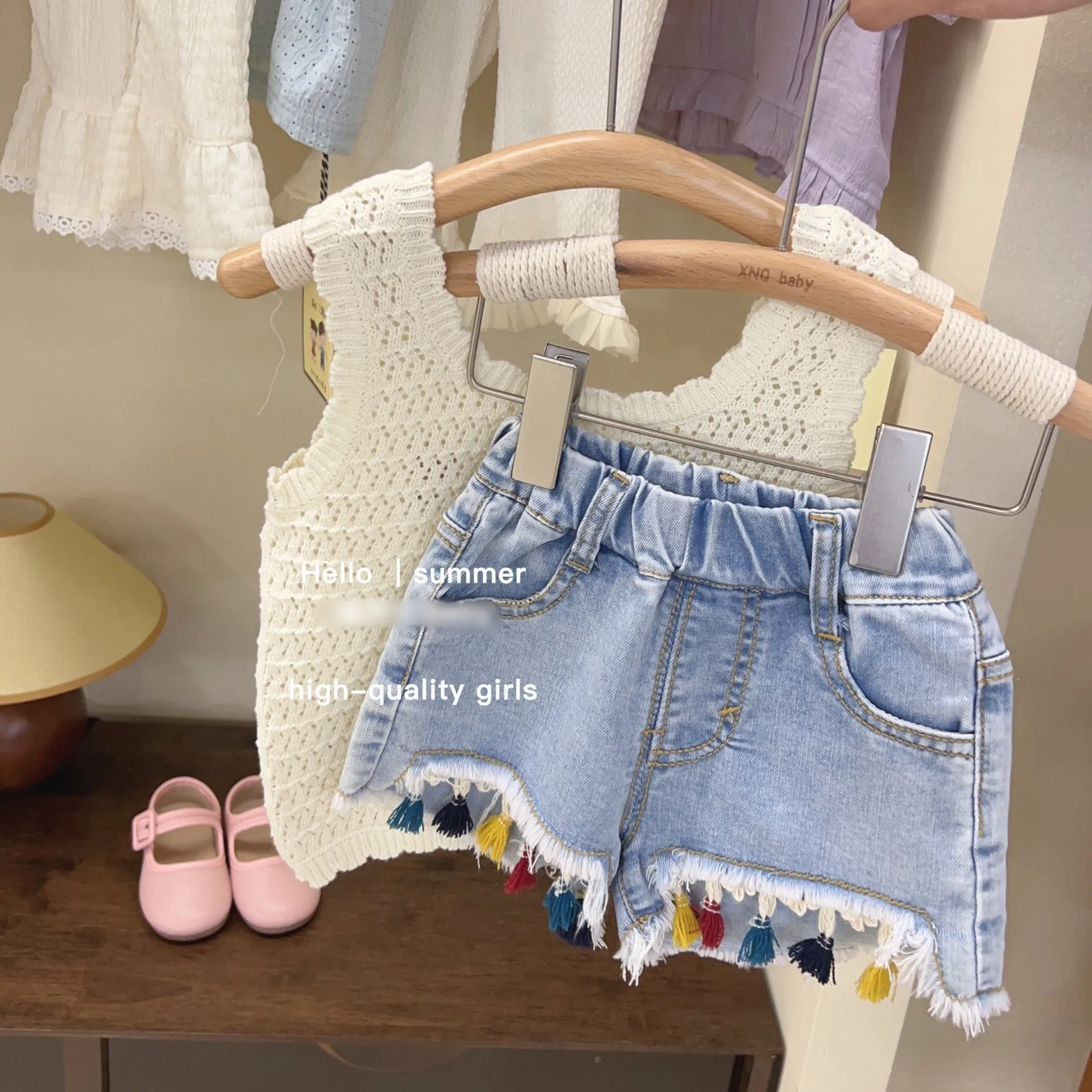 Hollow strap cotton children's vest in beige with floral pattern, pullover style for girls