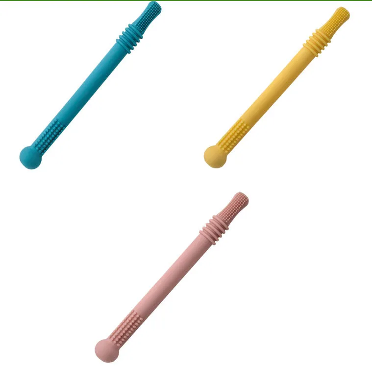 Baby teether silicone hollow tube in blue with cleaning brush