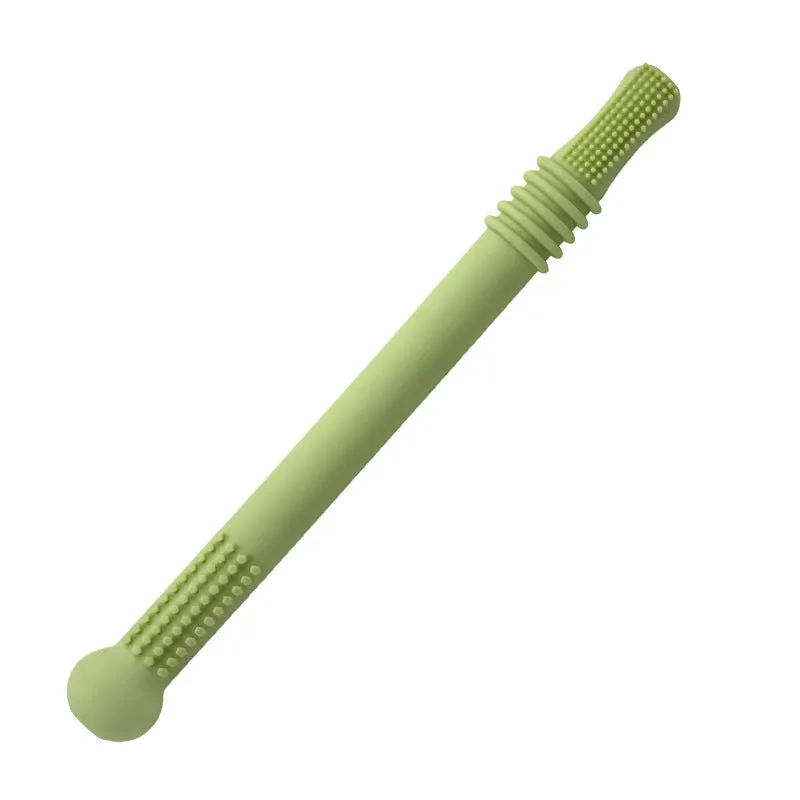 Baby teether silicone hollow tube in blue with cleaning brush