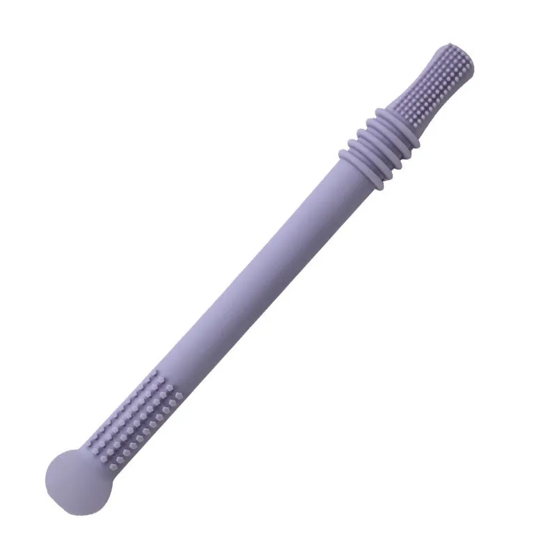 Baby teether silicone hollow tube in blue with cleaning brush