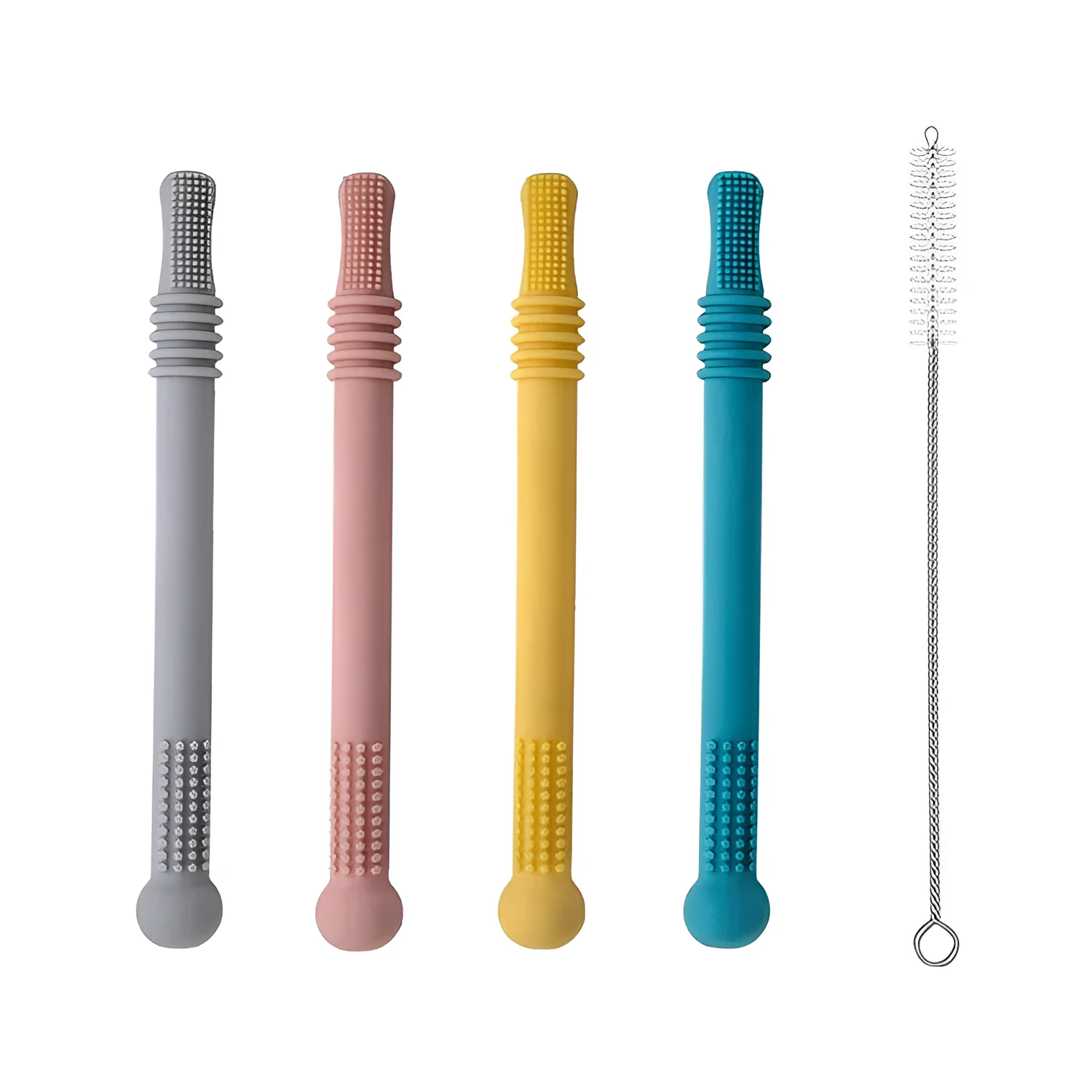Baby teether silicone hollow tube in blue with cleaning brush