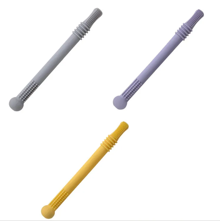 Baby teether silicone hollow tube in blue with cleaning brush