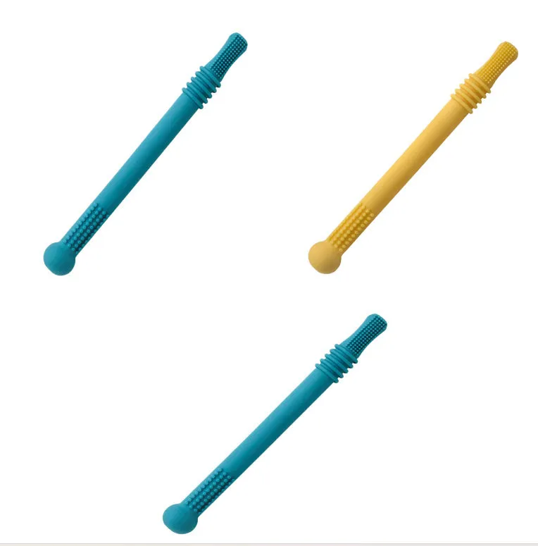 Baby teether silicone hollow tube in blue with cleaning brush