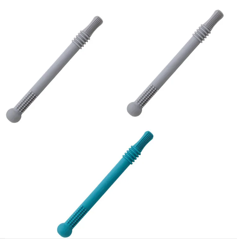 Baby teether silicone hollow tube in blue with cleaning brush
