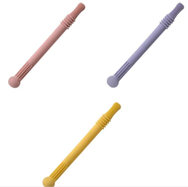 Baby teether silicone hollow tube in blue with cleaning brush