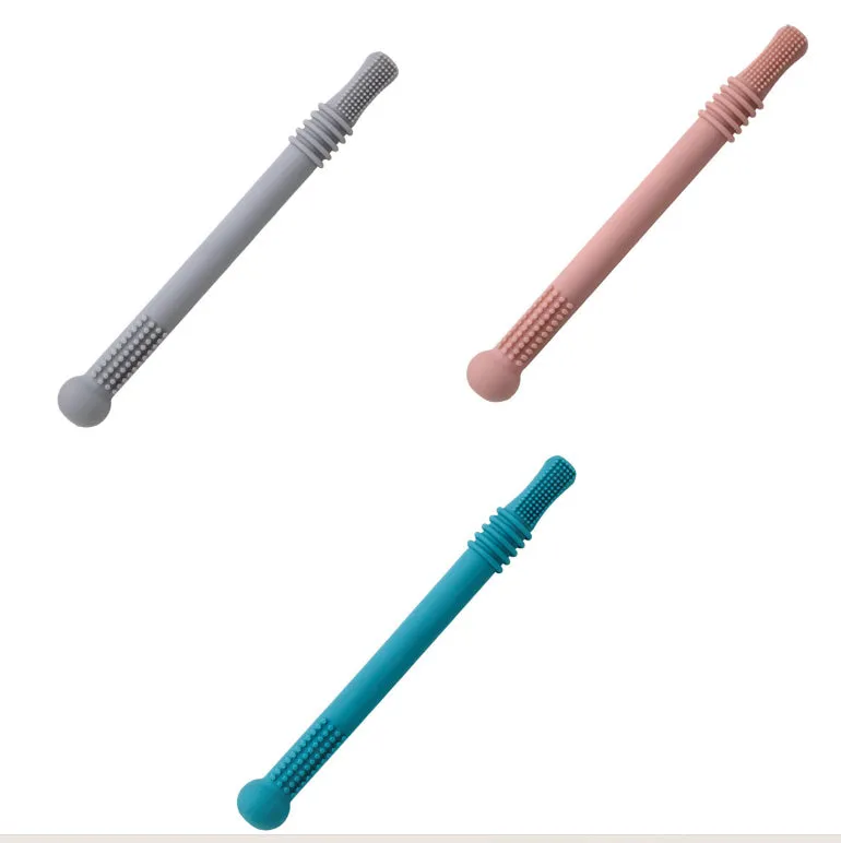 Baby teether silicone hollow tube in blue with cleaning brush