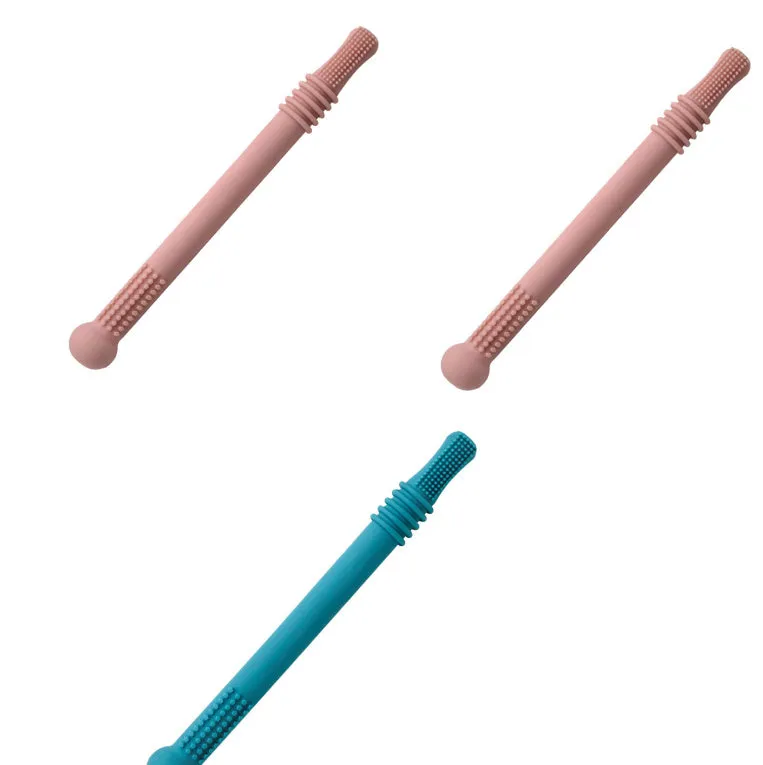 Baby teether silicone hollow tube in blue with cleaning brush