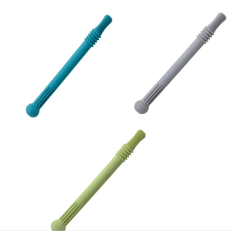 Baby teether silicone hollow tube in blue with cleaning brush