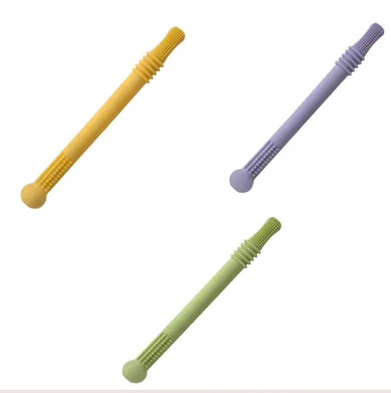 Baby teether silicone hollow tube in blue with cleaning brush