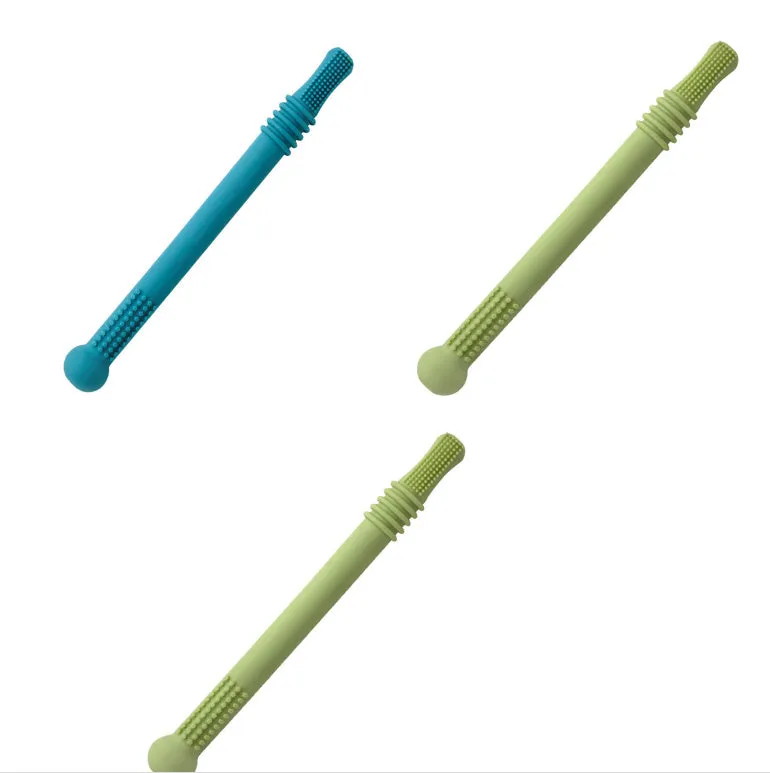 Baby teether silicone hollow tube in blue with cleaning brush