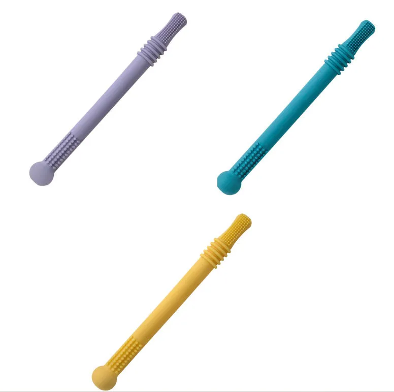 Baby teether silicone hollow tube in blue with cleaning brush