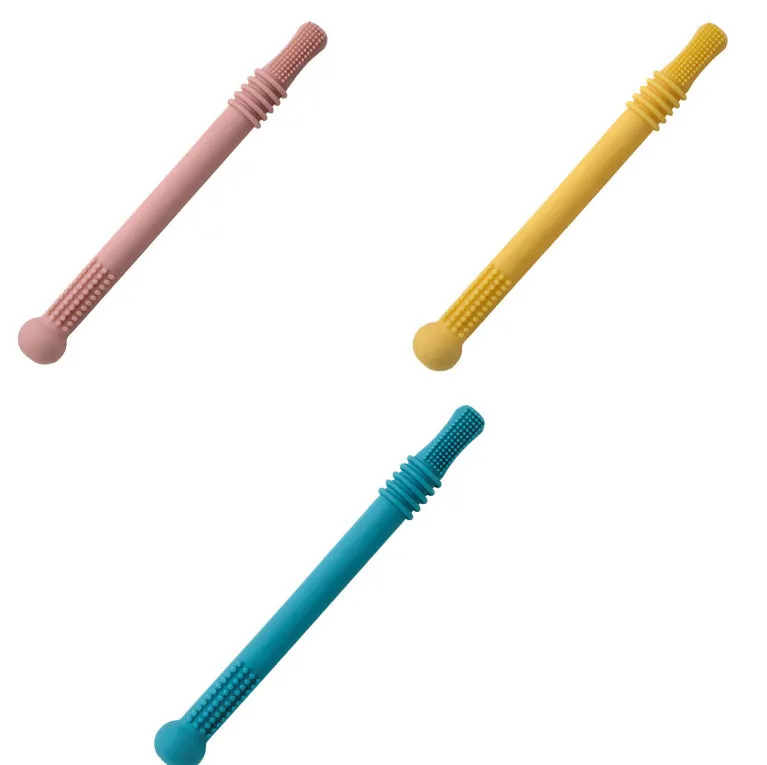 Baby teether silicone hollow tube in blue with cleaning brush