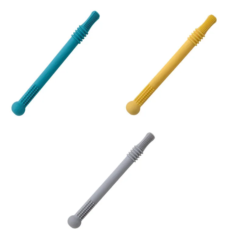 Baby teether silicone hollow tube in blue with cleaning brush