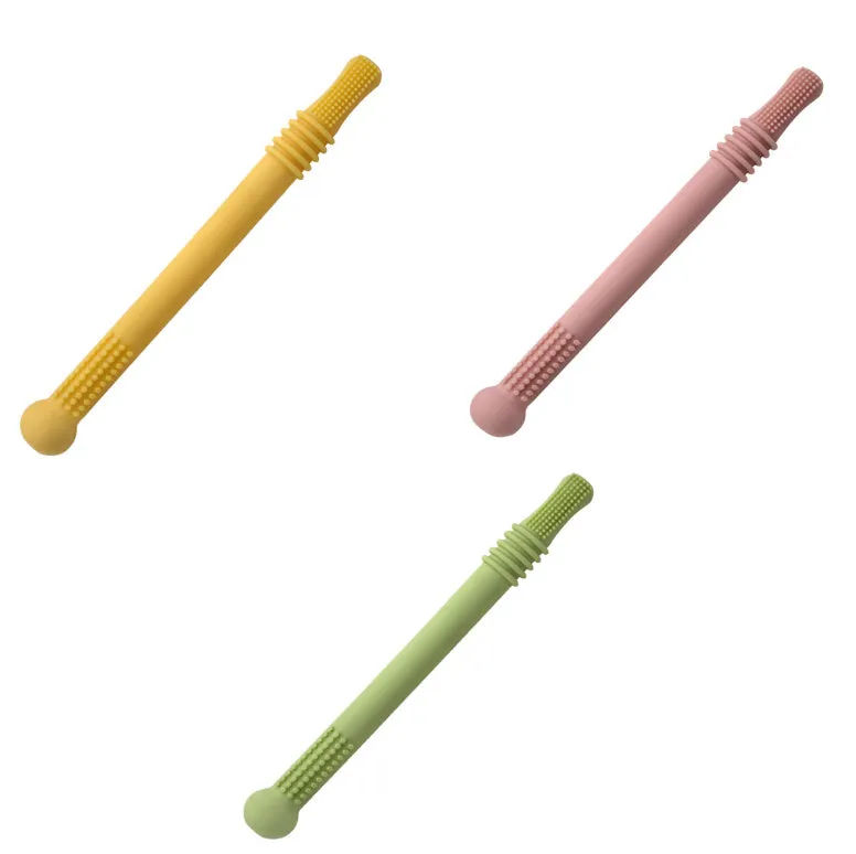 Baby teether silicone hollow tube in blue with cleaning brush