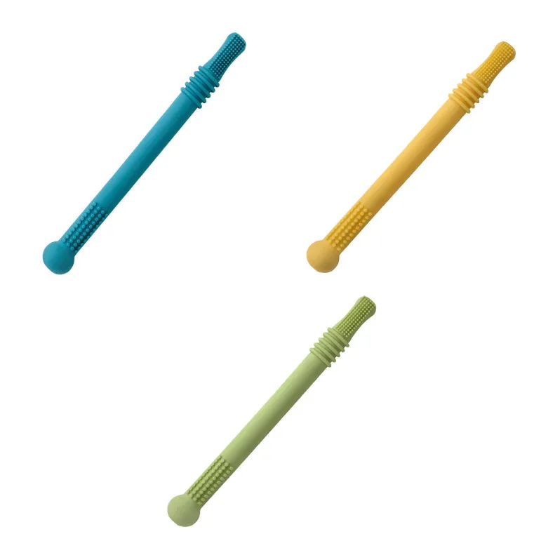 Baby teether silicone hollow tube in blue with cleaning brush