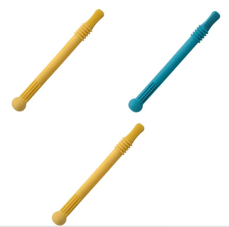 Baby teether silicone hollow tube in blue with cleaning brush