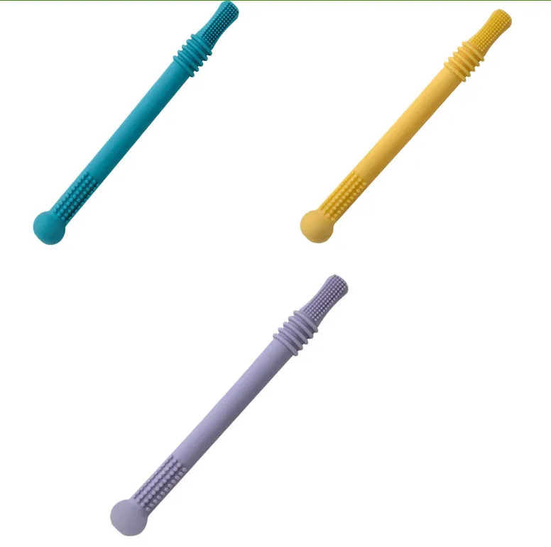 Baby teether silicone hollow tube in blue with cleaning brush