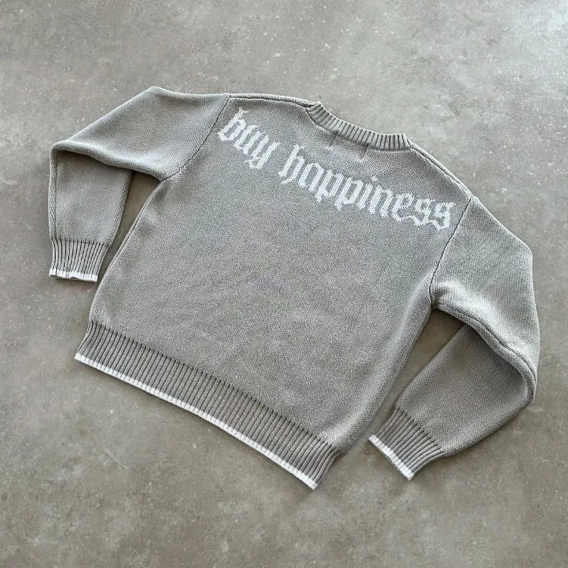 Grey loose-fitting jacquard knit coat for women, long sleeve pullover style.