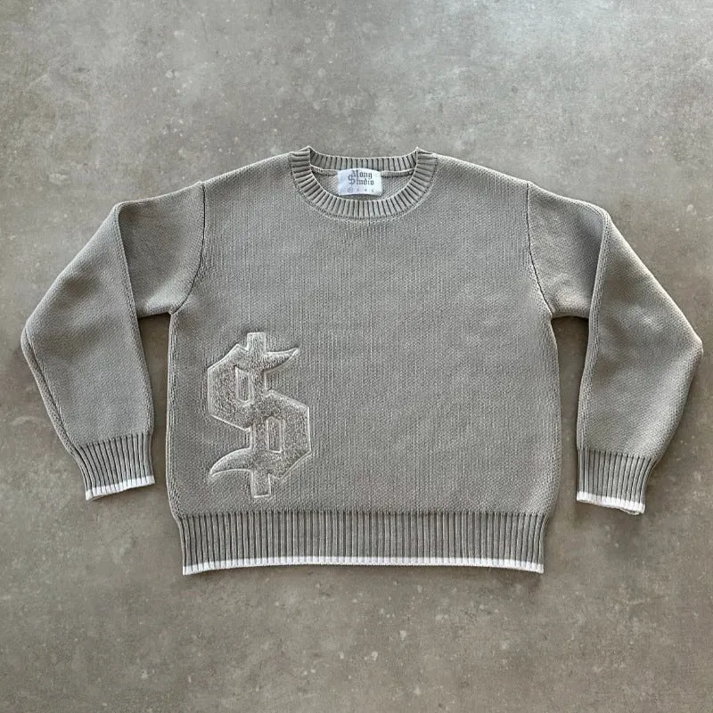 Grey loose-fitting jacquard knit coat for women, long sleeve pullover style.