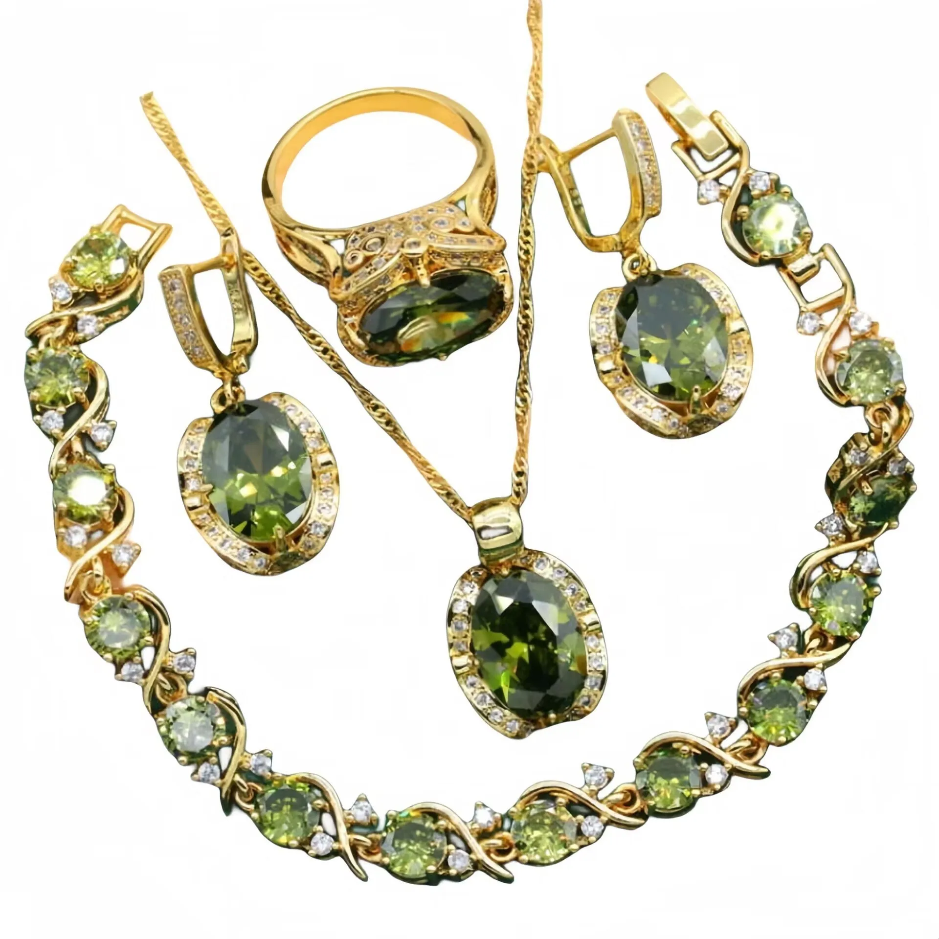 Women's full rhinestone zircon jewellery set with necklace, earrings and ring in olive green or red on snake bones chain