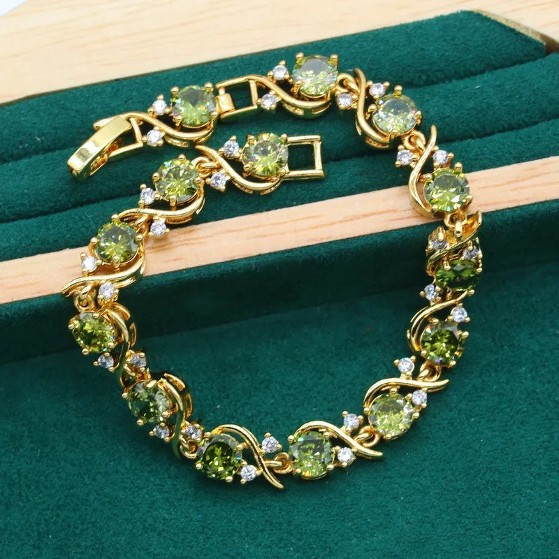 Women's full rhinestone zircon jewellery set with necklace, earrings and ring in olive green or red on snake bones chain