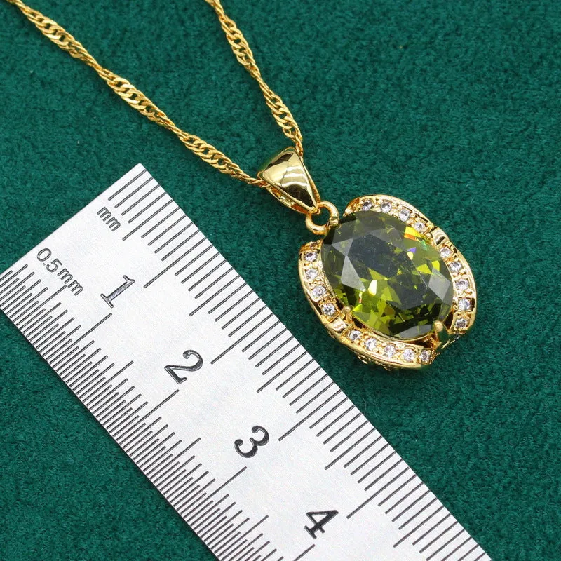 Women's full rhinestone zircon jewellery set with necklace, earrings and ring in olive green or red on snake bones chain