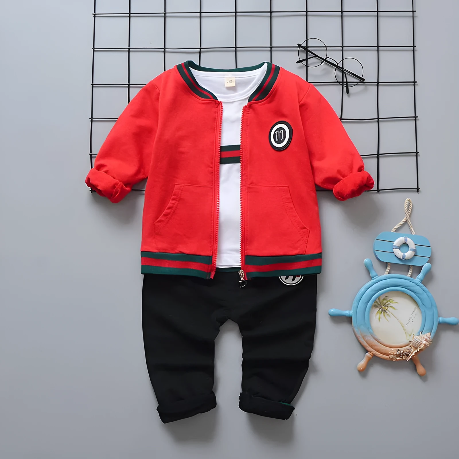 Children's long-sleeved cotton three-piece suit with openable pants in available colour options