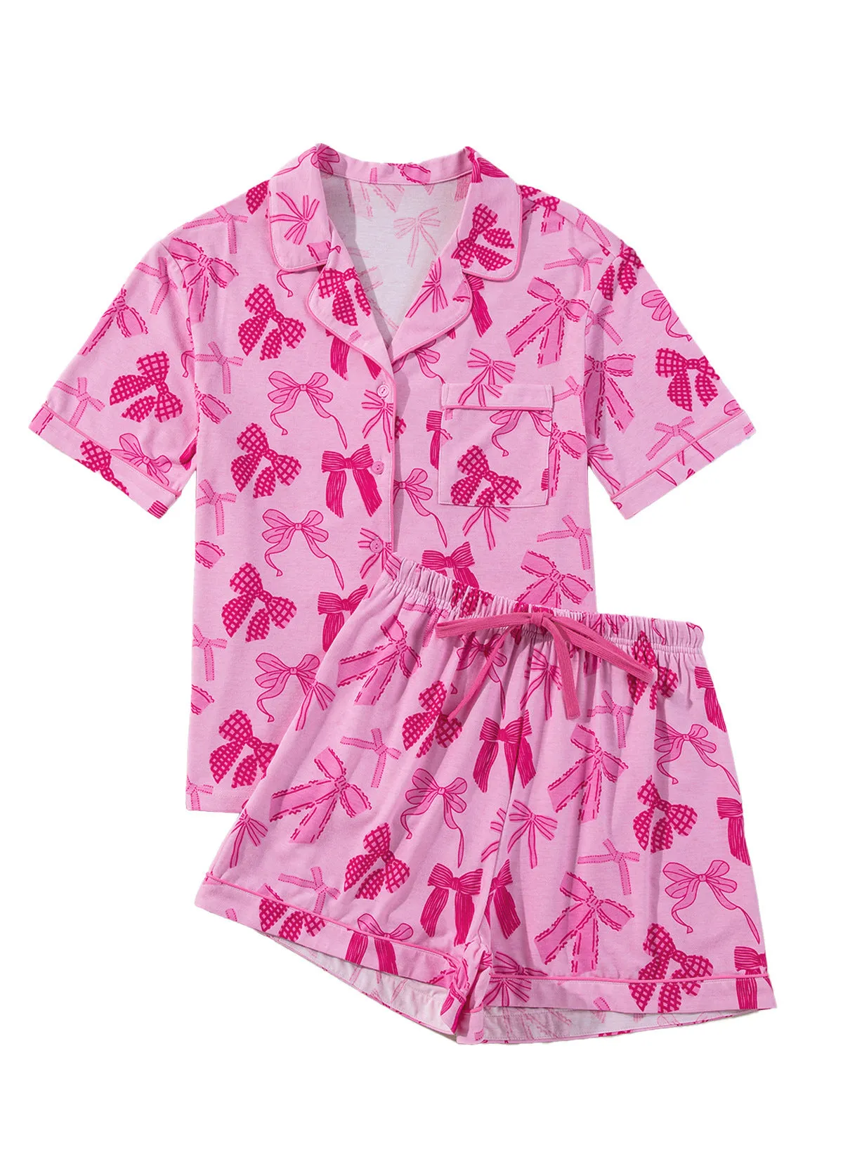 Women's pink bow print two-piece pajama set in lightweight polyester fabric