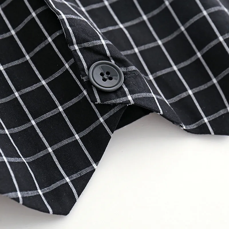 Boys casual two-piece cotton pants suit set in black with shirt and trousers on child model