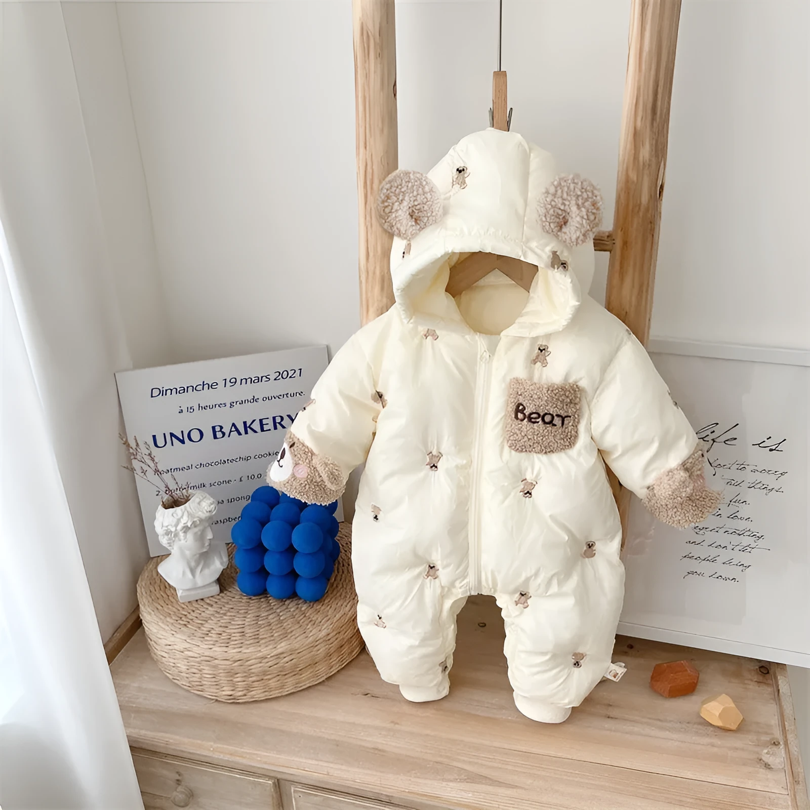 Baby winter velvet padded coat in beige with hood and zip front suitable for height 73cm to 100cm