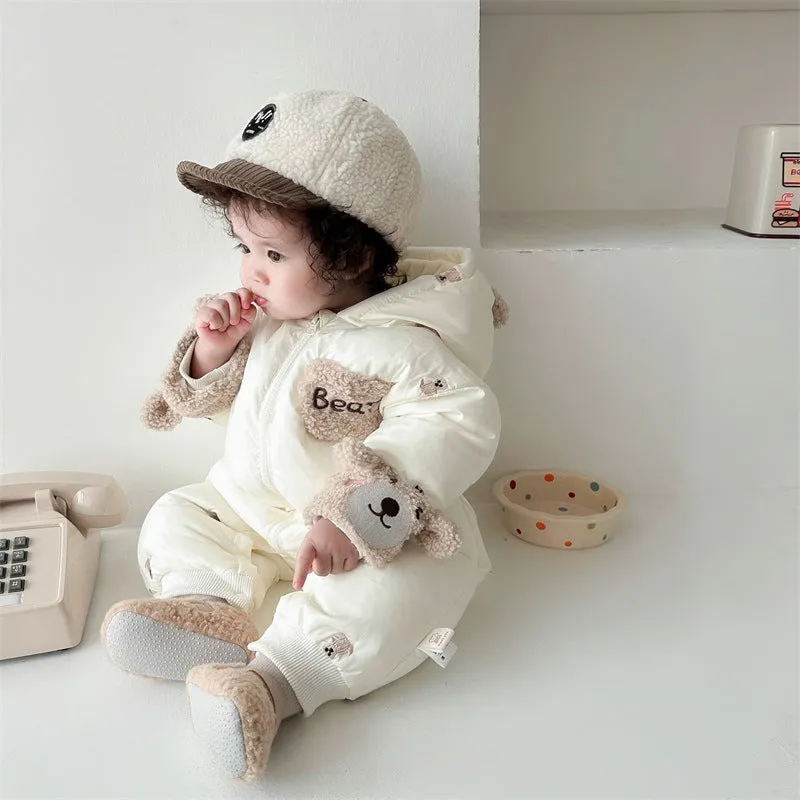 Baby winter velvet padded coat in beige with hood and zip front suitable for height 73cm to 100cm